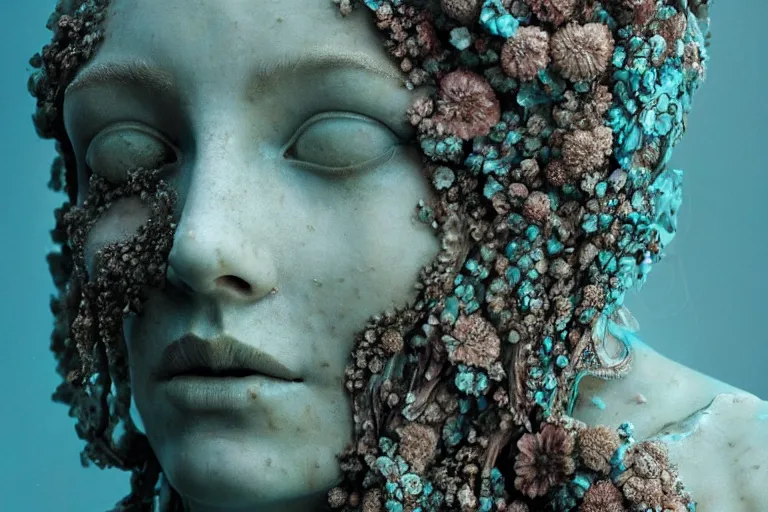 Image similar to a sculpture of a beautiful woman with flowing tears, turquoise fractal flowers on the skin, intricate, a marble sculpture by nicola samori, behance, neo - expressionism, marble sculpture, made of mist, still frame from the prometheus movie by ridley scott with cinematogrophy of christopher doyle, arri alexa, 8 k