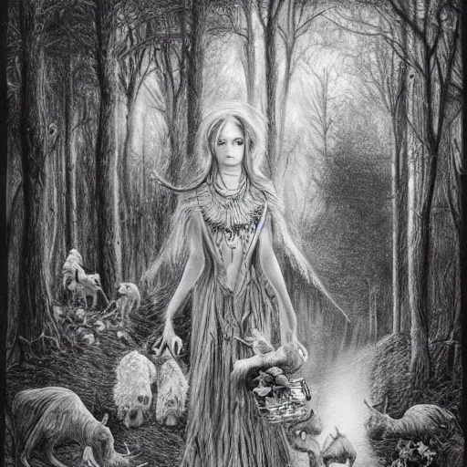 Prompt: pencil drawing, cenozoic by alejandro burdisio rich. a experimental art of a vasilisa standing in the forest, surrounded by animals. she is holding a basket of flowers in one hand & a spindle in the other. gentle expression. in the background, the forest is dark & mysterious.
