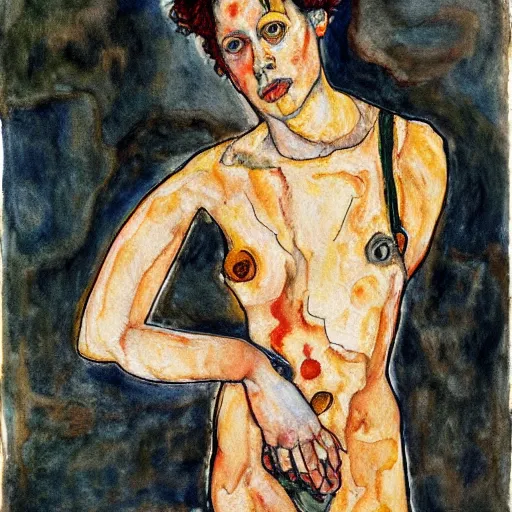 Image similar to wide angle full body portrait of ripley slipping out of her jumpsuit, watercolor, masterpiece, by Egon Schiele