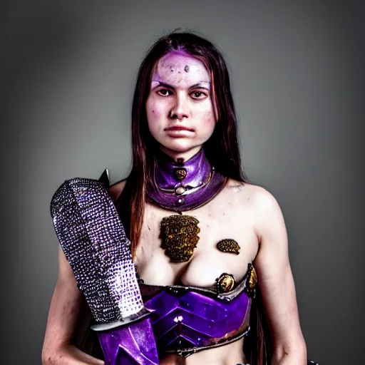 Image similar to photo of a real-life beautiful female warrior with amethyst encrusted armour