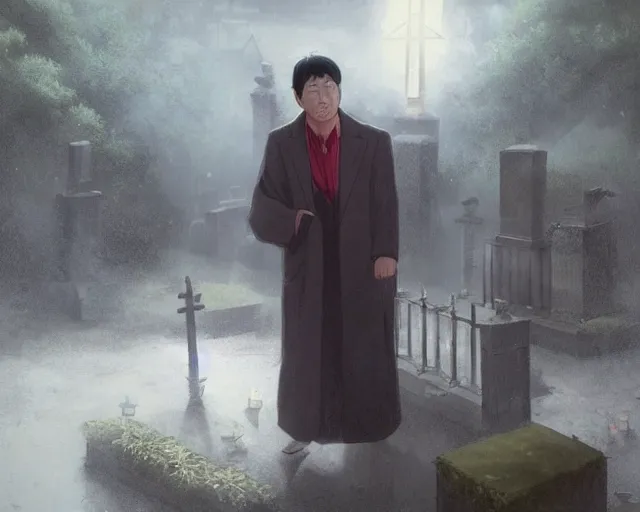 Image similar to a 50 year old brunnete chinese man Standing at a funeral in a cemetery next to the grim reaper, horror scene, dramatic, anime art, Greg Rutkowski, studio ghibli, dramatic lighting