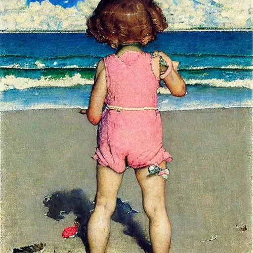 Image similar to “young girl at the beach by Norman Rockwell”