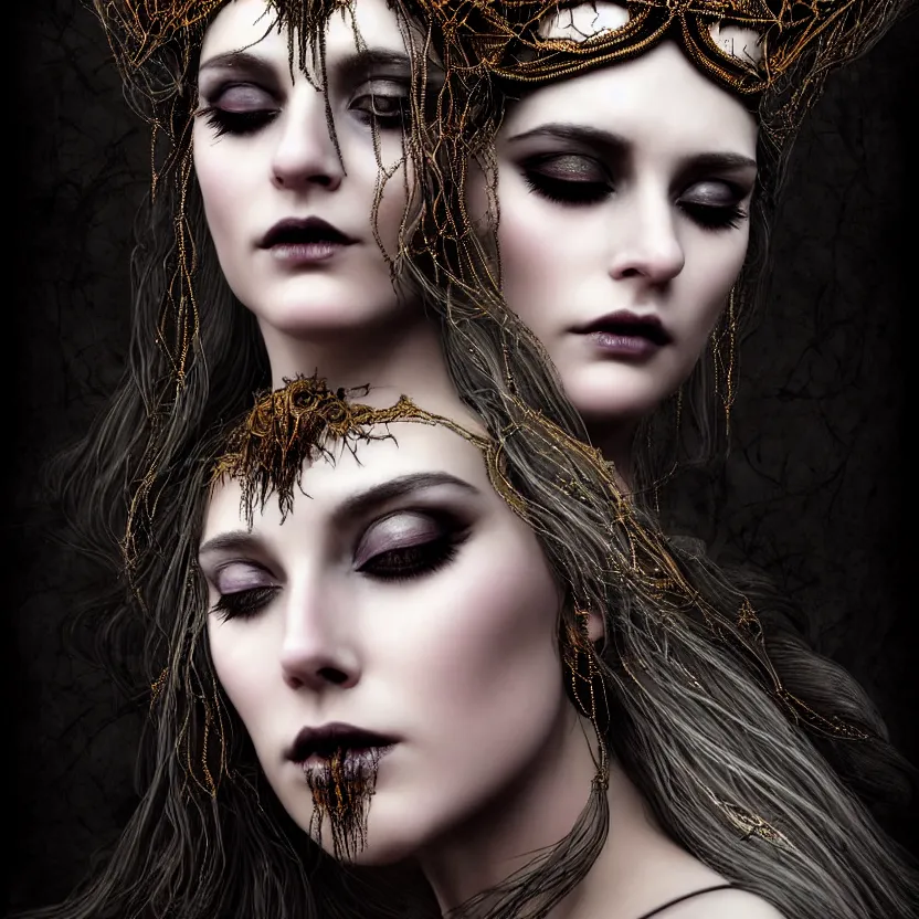 Image similar to mindblowing portrait of the enchantress queen, a stunning timeless beauty, breathtaking eyes, perfect skin, feathered eyelashes, royal gothic dress with a lot of leather, heavy silent hill aesthetic, incredibly intricate, digital art, blender, houdini & photoshop, very elegant & complex, hyper-maximalist, overdetailed, epic cinematic quality, biblical art lighting, photorealistic, lifelike, OLED, DSLR HDR 8k, face is the focus, facial feature symmetry, hyper composed, created by Nixeu & z--ed from deviantart