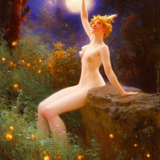 Image similar to attractive fairy magically floating high in the night, fantasy, full moon in background. highly detailed painting by gaston bussiere, craig mullins, j. c. leyendecker, mid shot, 8 k