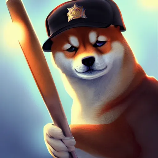 Prompt: shiba inu holding a baseball bat, wearing a police uniform character design, highly detailed digital art, atmosphere, glow, lens flare, cinematic lightning, hyperrealistic, focused, extreme details, 4 k, ultra detailed, trending on artstation, masterpiece, digital art.