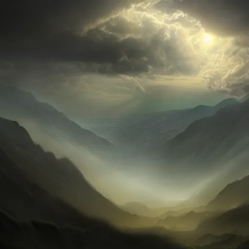 Image similar to a dark cloudy hand in the sky trying to reach the ground in a valley, matte painting, fantasy art