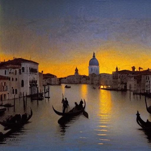 Image similar to A beautiful backlight sunset scene of historic Venice with gondola and reflective water in the style of Johannes Vermeer