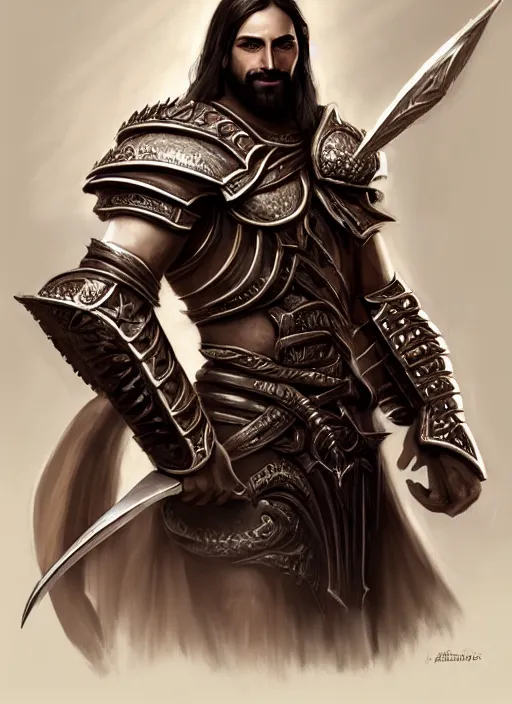 Image similar to portrait of an athletic male conquistador as a diablo 3 character, looking at camera, D&D, armor master, long dark hair, intricate, elegant, stylish, cute smile, fantasy, extremely detailed, digital painting, artstation, concept art, smooth, sharp focus, illustration, ambient lighting, art by artgerm and greg rutkowski and alphonse mucha and simon stalenhag