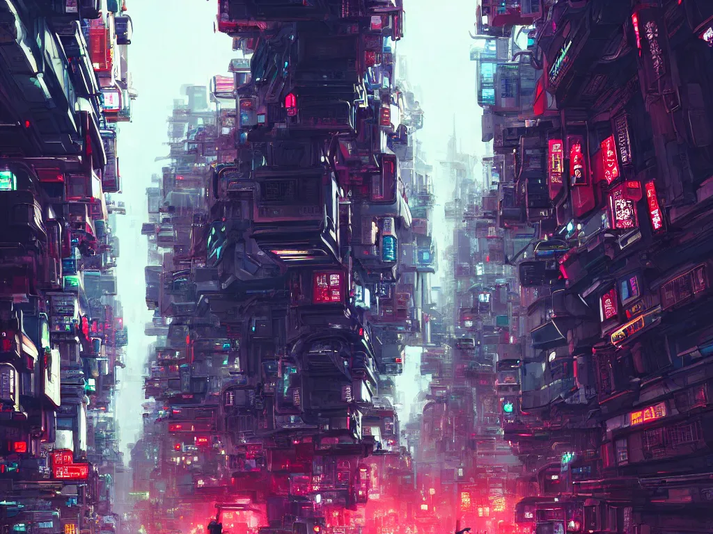 Prompt: an Epic street scene of a beautiful futuristic Tokyo, lots of signs, gigantic military skyscrapers, overhead scifi walkways, edge highlights, extreme details, by Rui Huang and Alena Aenami and WLOP, Marc Simonetti, Street level view, illustration, concept art, cgsociety, trending on artstation