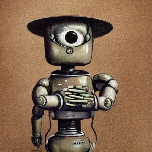 Prompt: medium shot 1 9 5 0 s retro cactus robot, bionic arms and eyes. muted colours. by jean - baptiste monge