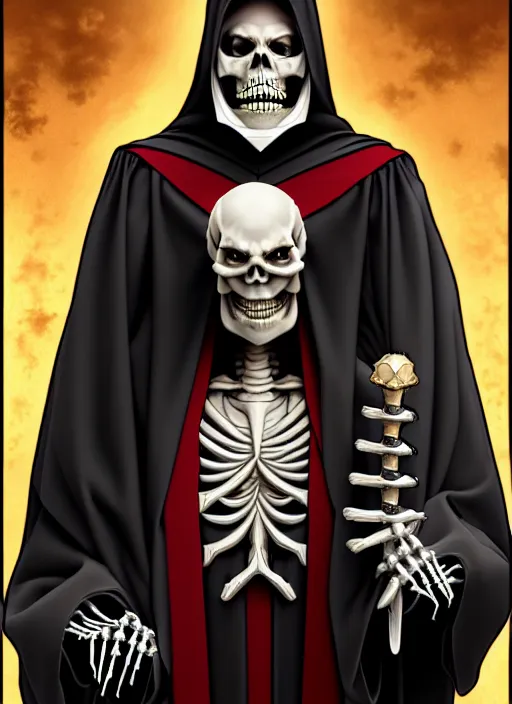 Prompt: overlord, undead skeleton king, wearing an academic gown, tarot card, highly detailed, deep focus, elegant, digital painting, smooth, sharp focus, illustration, ultra realistic, 8 k, art by artgerm and alphonse mucha