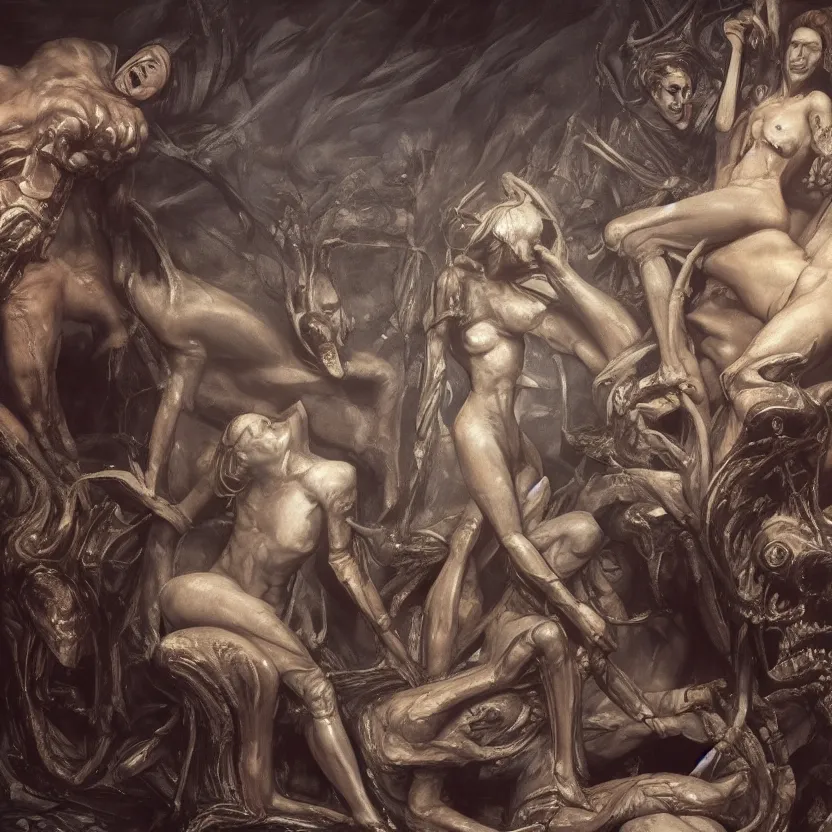 Image similar to still frame from Prometheus movie, Slaanesh succubus godess on a live bone throne by wayne barlowe by caravaggio by giger by malczewski, avantgarde 4k wallpaper