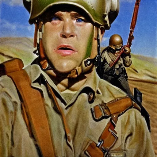 Prompt: Photo by Robert F. Sargent from 1944 Omaha beach with Shrek as one of the American soldiers, very detailed, realistic