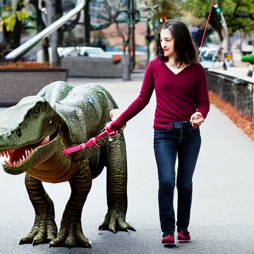 Image similar to award winning portrait of a young woman walking her pet dinosaur on a leash,