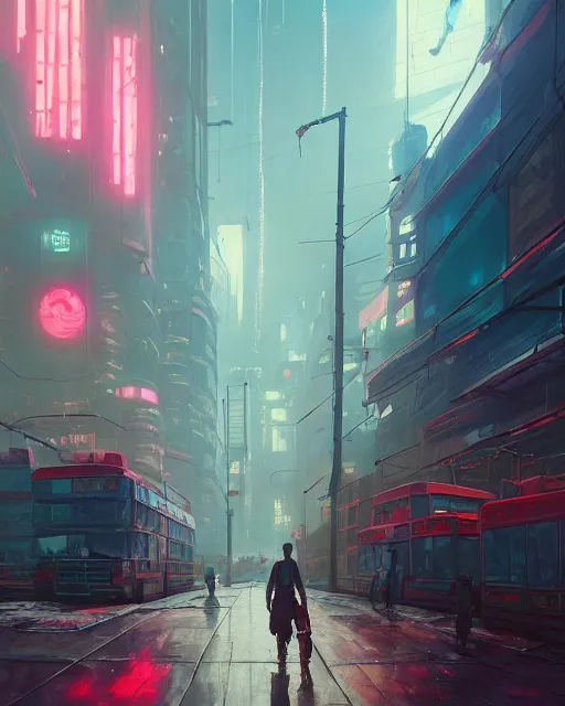 Prompt: painting of dystopian cyberpunk london, by simon stalenhag, cory loftis, james gilleard, atey ghailan, makoto shinkai, goro fujita, studio ghibli, rim light, exquisite lighting, clear focus, very coherent, plain background, soft painting