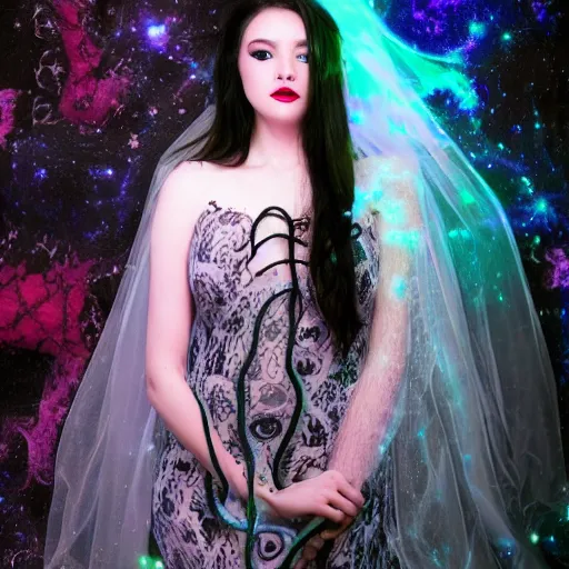 Image similar to Cthlulu lovecraftian eldritch profile pic, lace veil, magazine photoshoot, tentacles, glow galaxy background,