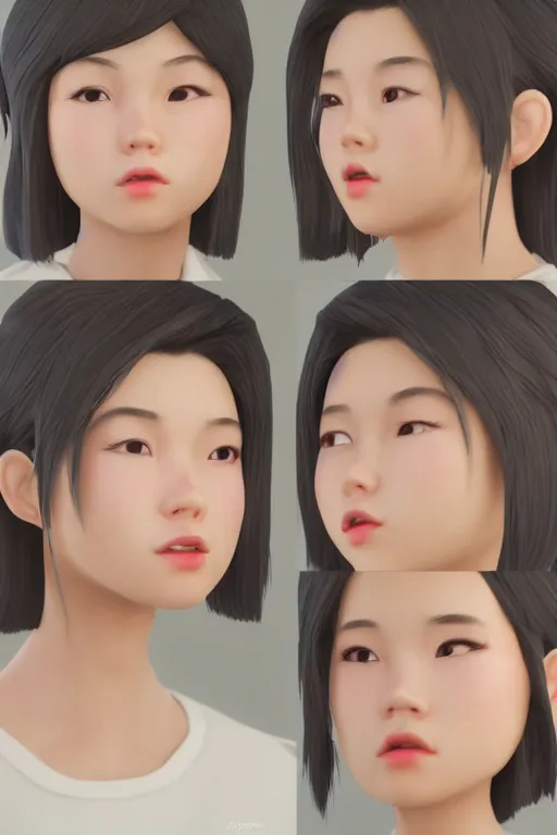 Image similar to a portrait of cute Asian girl singing, short stylish hair in the style of DreamWorks animation, side view, low angle view, 16mm lens, award winning, hyper detailed, studio lighting, artstation, octane renderer, unreal engine