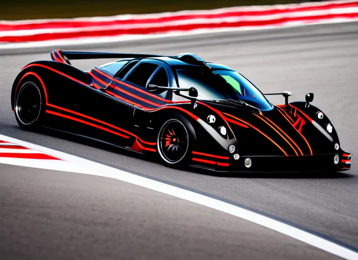 Prompt: !dream Black with red striped Pagani Zonda R cornering on a racetrack, 16K resolution, photography,