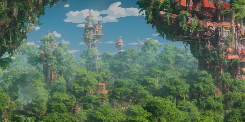 Image similar to future city covered by forest creature, flying, culture, smooth, howl's moving castle, by studio ghibli, makoto shinkai, 4 k, unreal engine