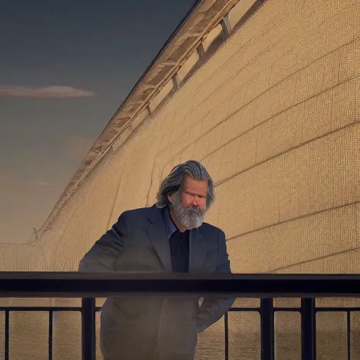 Image similar to hyperrealistic dslr film still of jeff bridges on a bridge, stunning 8 k octane comprehensive 3 d render, inspired by istvan sandorfi & greg rutkowski & unreal engine, perfect symmetry, dim volumetric cinematic lighting, extremely hyper - detailed, incredibly real lifelike attributes & texture, intricate, masterpiece, artstation, 8 k 8 5 mm f 1. 4