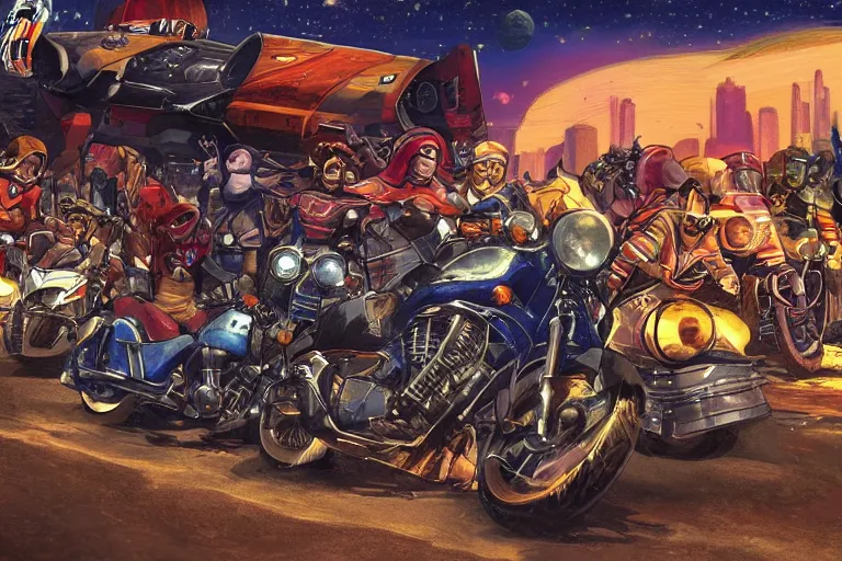 Prompt: motorcycles outside of bar night sky stars illustration by jack kirby artstation 4 k 8 k graphic novel concept art matte painting