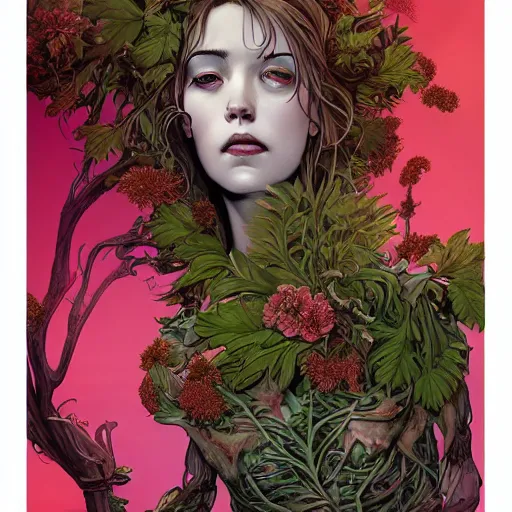 Image similar to a beautiful detailed front view portrait of a rotten woman corpse with plants and fractal flowers growing around, artgerm, joshua middleton comic cover art,