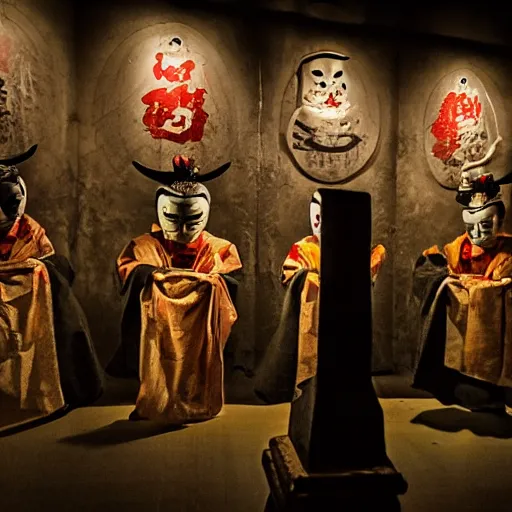 Prompt: photograph of a haunted noh theater, creepy, dark, foreboding, dread, candlelight, low light