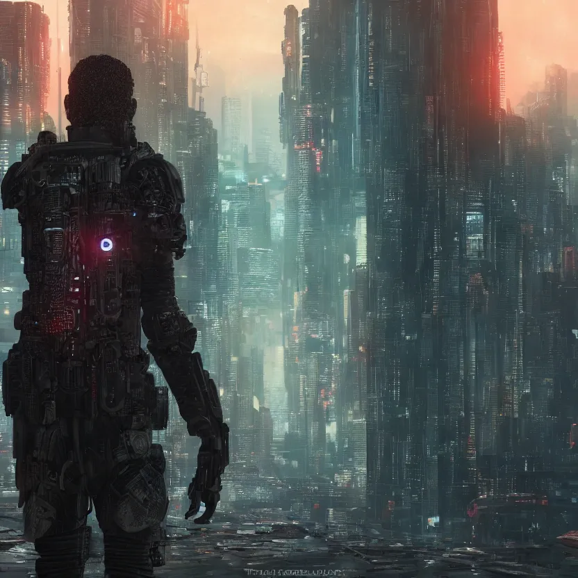 Image similar to closeup portrait of a beautiful guard dystopian cyberpunk seen from the back ultra realistic 4K
