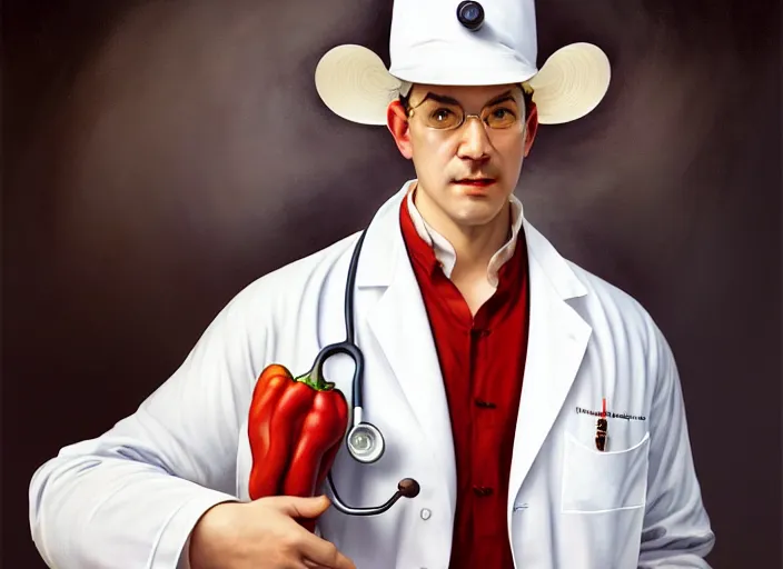 Prompt: a wide pepper wearing a white lab coat and stethoscope, diffuse lighting, fantasy, intricate, elegant, highly detailed, lifelike, photorealistic, digital painting, artstation, illustration, concept art, smooth, sharp focus, art by frank frazetta and marco bucci and loish and rossdraws and artgerm and alphonse mucha