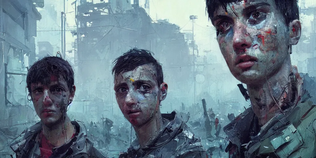 Image similar to extreme closeup on the eyes of a neon guard boy with short dark hair in front of a dystopian crowd with piles of garbage by Ismail inceoglu dragan bibin hans thoma, Perfect face, fine details, realistic shaded, fine-face, pretty face