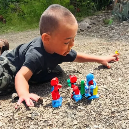 Image similar to a kid playing with A miniature Dwayne Johnson with toy guns