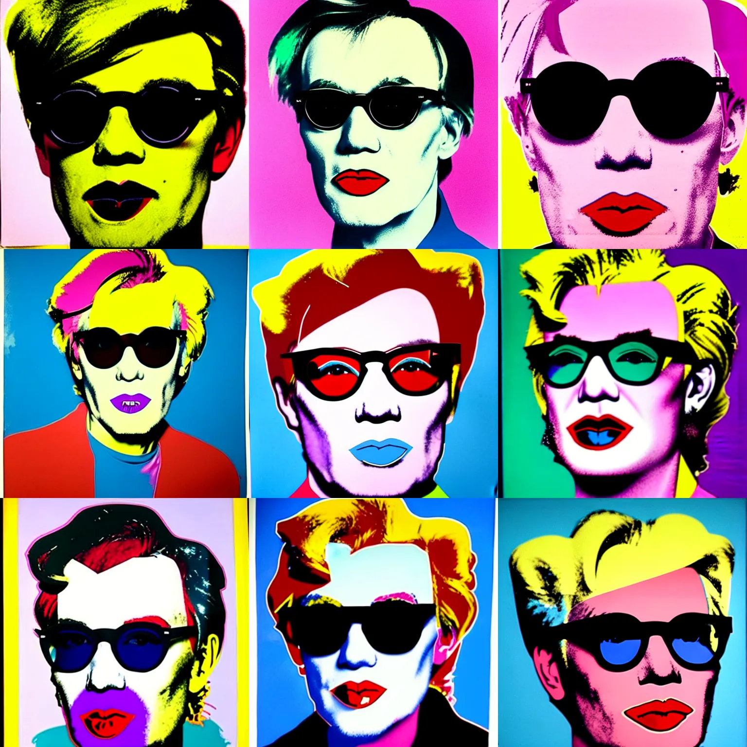 Prompt: colour portrait of andy warhol aged 40 with his lips saying oh. andy\'s shoulders are in the frame. andy looks sternly straight into the camera and wears designer sun glasses. painting in the style of andy warhol