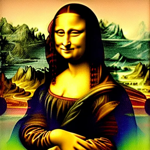 Image similar to failed restoration of mona lisa, modernized features, partly ruined painting