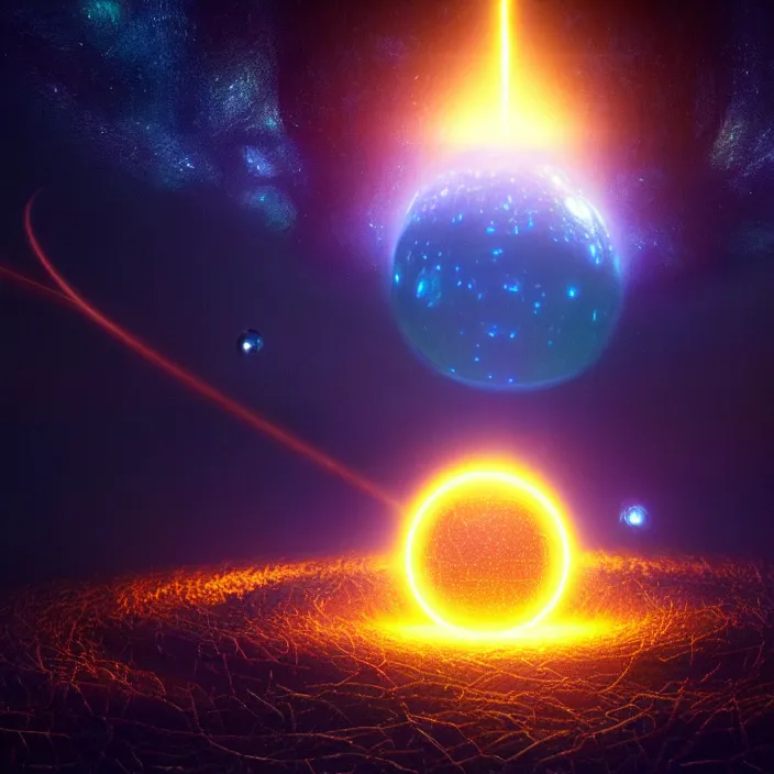 Prompt: divine energy, the translucent glow of light, entwined by light frequencies and the force of nature, connecting to mother earth, octane render, surrounded by space, stars and planets, darkly surreal, mystic, hyper - realistic, highly detailed, sharp focus, smooth, intricate