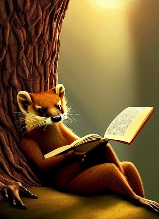 Prompt: A beautiful scene from a 2022 fantasy film featuring a humanoid pine marten reading on a couch. An anthropomorphic pine marten wearing a white shirt with a book. Golden hour. Trending on CGSociety.