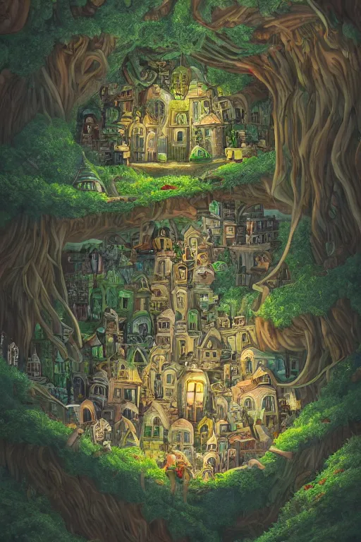 Prompt: a miniature city built into the trunk of a single colossal tree in the forest, with tiny people, in the style of cory loftis, lit windows, close - up, low angle, wide angle, awe - inspiring, highly detailed digital art