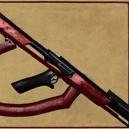 Image similar to a rifle made of red raw flesh and bone, visceral