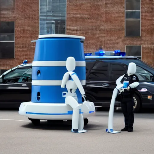 Image similar to robotic police unit shaped like an anthropomorphic rabbit, standing next to a parked futuristic police car