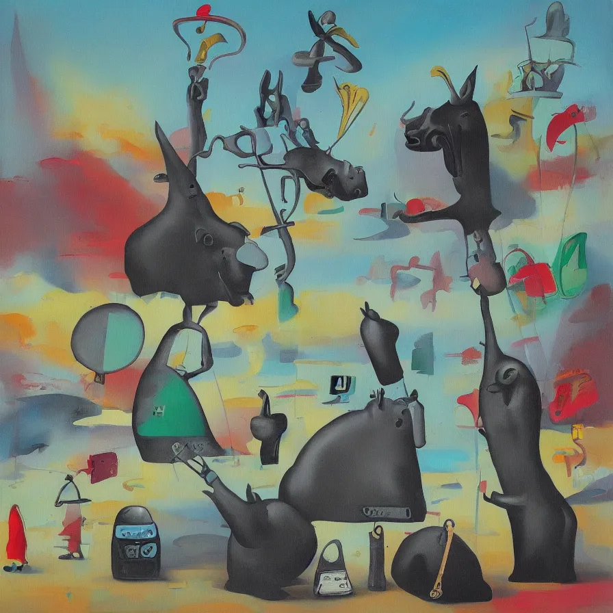 Image similar to “a painting in the style of Yves Tanguy , a parking meter stands in the middle of a desert. Next to the parking meter we see a priest, a woman in a green dress , and a rhinoceros . ”