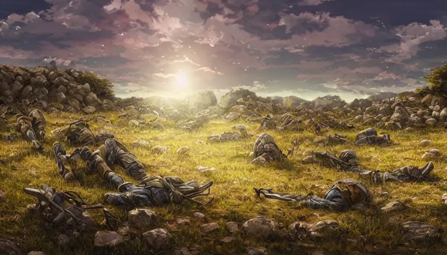 Image similar to the beautiful, dreamy, wistful, panoramic view of dead calvary soldiers on a field and rocks at dusk. my soldiers, rage! hyperrealistic anime background illustration by kim jung ki, colorful, extremely detailed intricate linework, smooth, super sharp focus, bright colors, high contrast, matte, octopath traveler, unreal engine 5 highly rendered, global illumination, radiant light