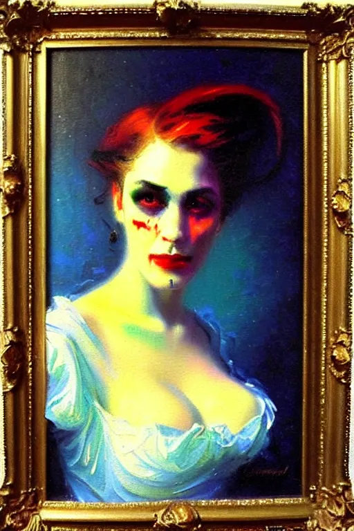 Prompt: impressionist brushstrokes!!!! lisa frank and richard schmid and jeremy lipking victorian loose genre loose painting full length portrait painting of a victorian vampire