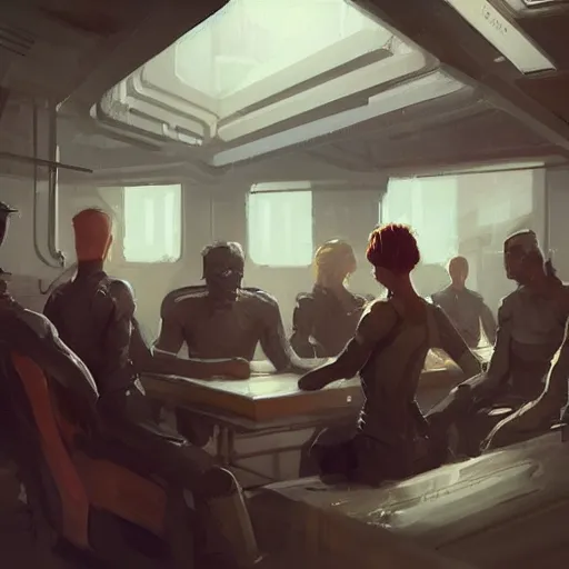 Image similar to concept art by greg rutkowski, a very tall, and slender woman with blond hair, sitting with the crew in the ship's dining room, brutalist futuristic interior, dark lighting atmosphere, detailed portraits, nostalgic atmosphere, scifi, digital painting, artstation, concept art, smooth, sharp foccus ilustration, artstation hq