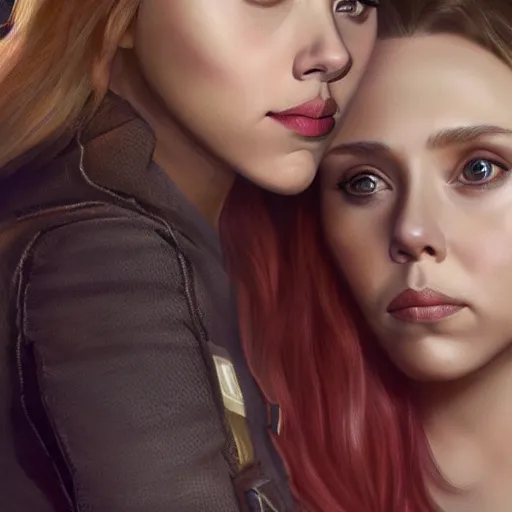 Image similar to ((((Scarlett Johansson)))) and Elizabeth Olsen!!!!!!!!! crossbreed, illustrated and rendered by Xie Boli, trending on artstation, 4k, 8k, photorealistic imagery, photorealistic details, intricate, highly detailed