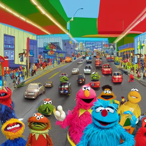 Image similar to wide angle shot of traffic on sesame street with muppets colorful cel shading, cookie monster, elmo, oscar the grouch