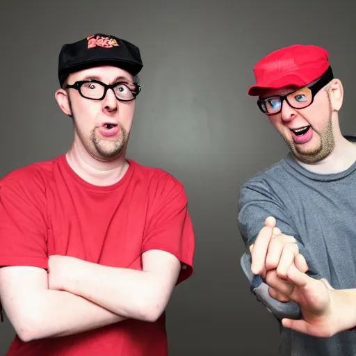 Prompt: the Nostalgia Critic and the Angry Video Game Nerd having a heated gamer battle