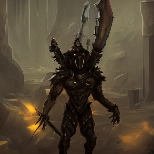 Prompt: [ horrific anthropomorphic pitch black muscular creature with armor glowing white eyes, holding a sword ]! standing in an [ immensely dark corridor ]!, digital art style, concept art, trending on [ artstation ], contest winner, award winning, 4 k quality