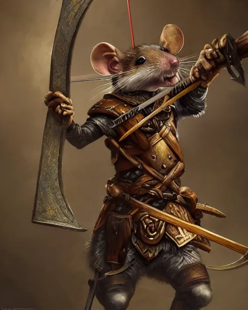 Image similar to closeup 2 8 mm anthropomorphic archer rat using a crossbow in a castle, d & d, fantasy, intricate, action pose, particle effects, highly detailed, digital painting, artstation, concept art, matte, sharp focus, volumetric lighting, illustration, hearthstone, art by artgerm, wlop, craig mullins, alphonse mucha