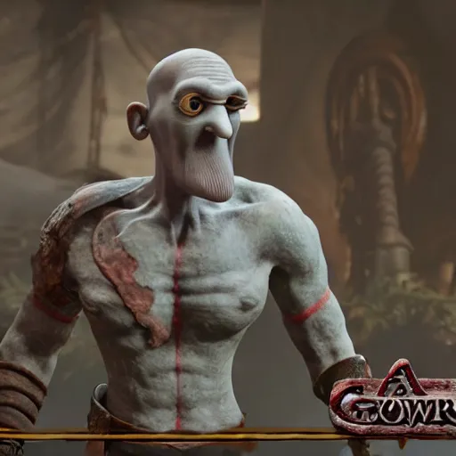 Image similar to a screenshot of squidward in god of war. 3 d rendering. unreal engine. amazing likeness. very detailed. cartoon caricature