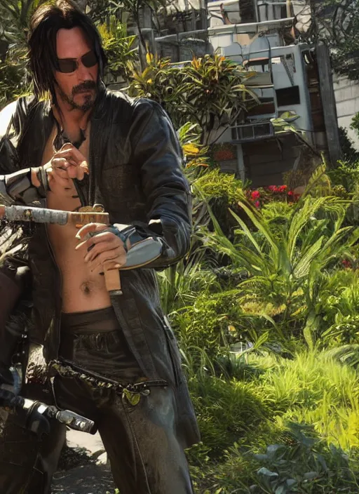 Image similar to wake up samurai, solarpunk, lots of plants, gardening, permaculture, keanu reeves as johnny silverhand, cyberpunk 2 0 7 7, anarchy, realistic, ultra detailed