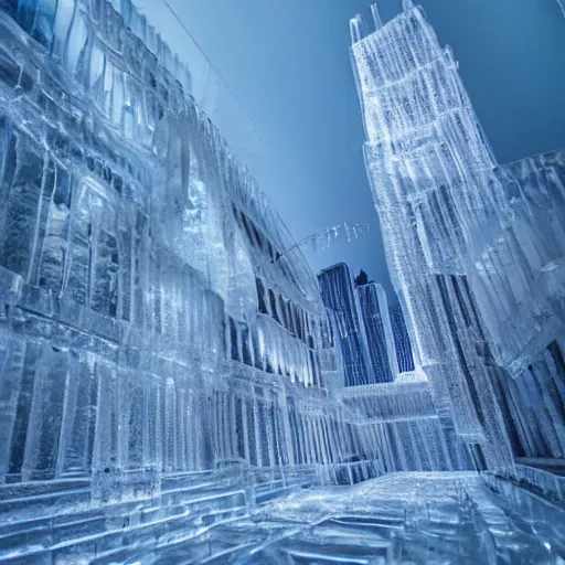 Prompt: a cityscape made entirely of ice, crystal clear ice city sculpture, first person pov, first person perspective, realistic fantasy photography, mystical